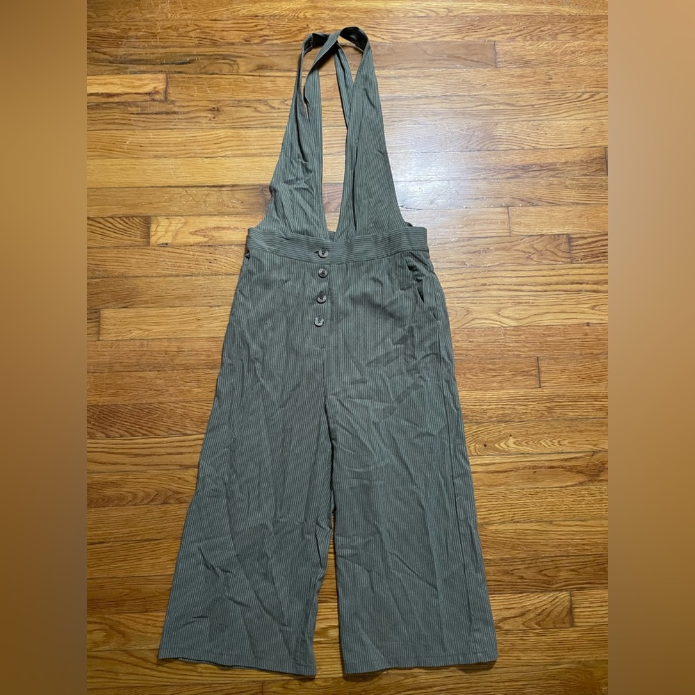 Olive green pinstripe jumpsuit
